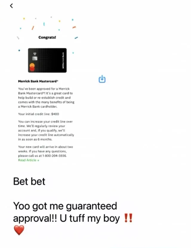 Client text: Merrick Bank approval